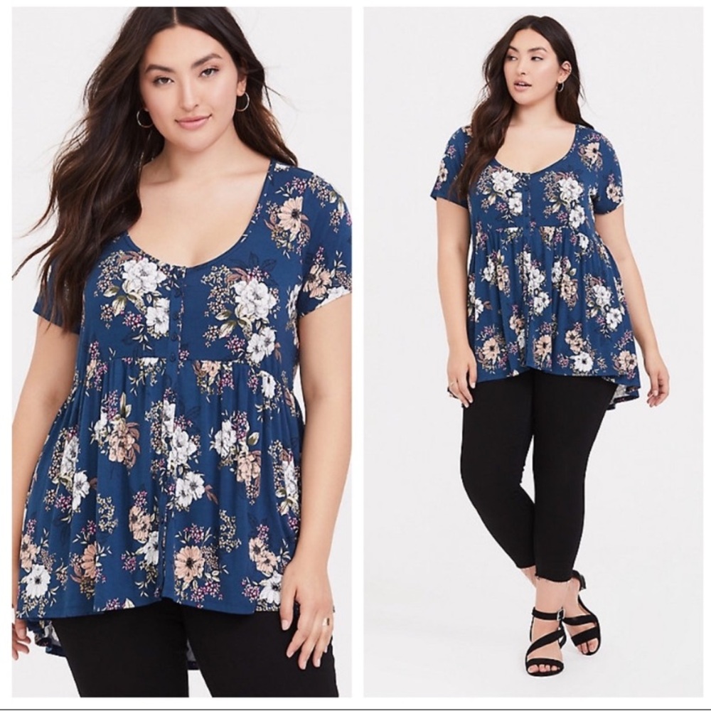Torrid Floral High Low Baby Doll Top with Buttons